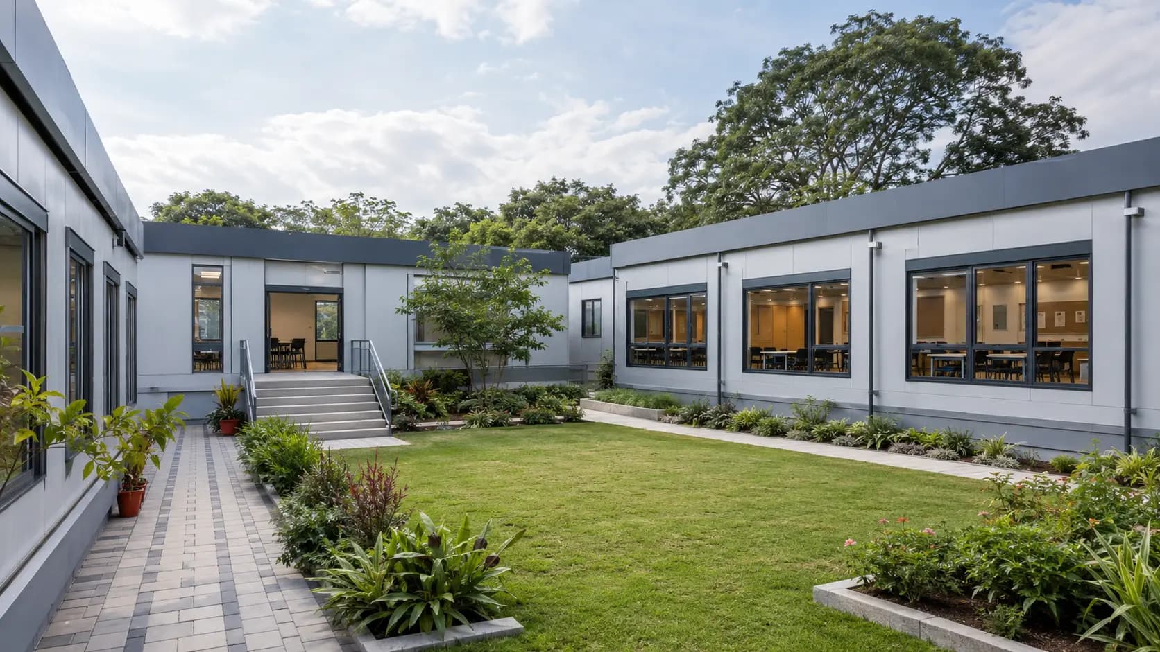 Modular classroom blocks arranged around a landscaped campus courtyard – available in Bangalore, Chennai, Hyderabad, Mumbai, Pune, Delhi NCR & pan-India