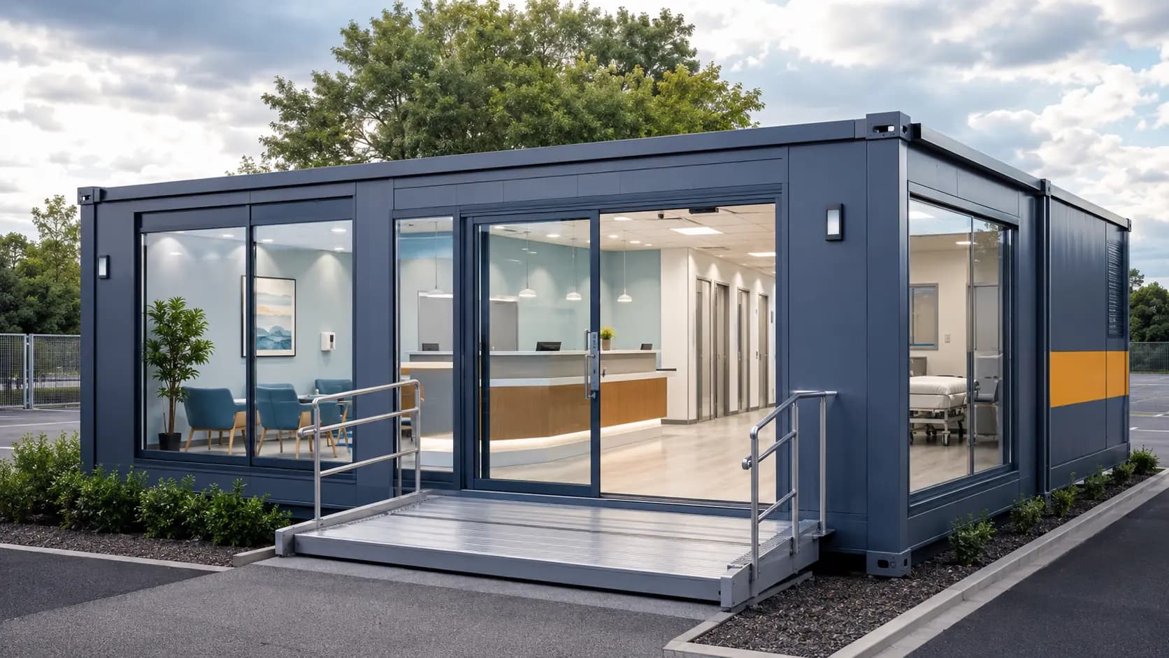 Glass-front portable clinic cabin with reception, waiting area and patient room – available in Bangalore, Chennai, Hyderabad, Mumbai, Pune, Delhi NCR & pan-India