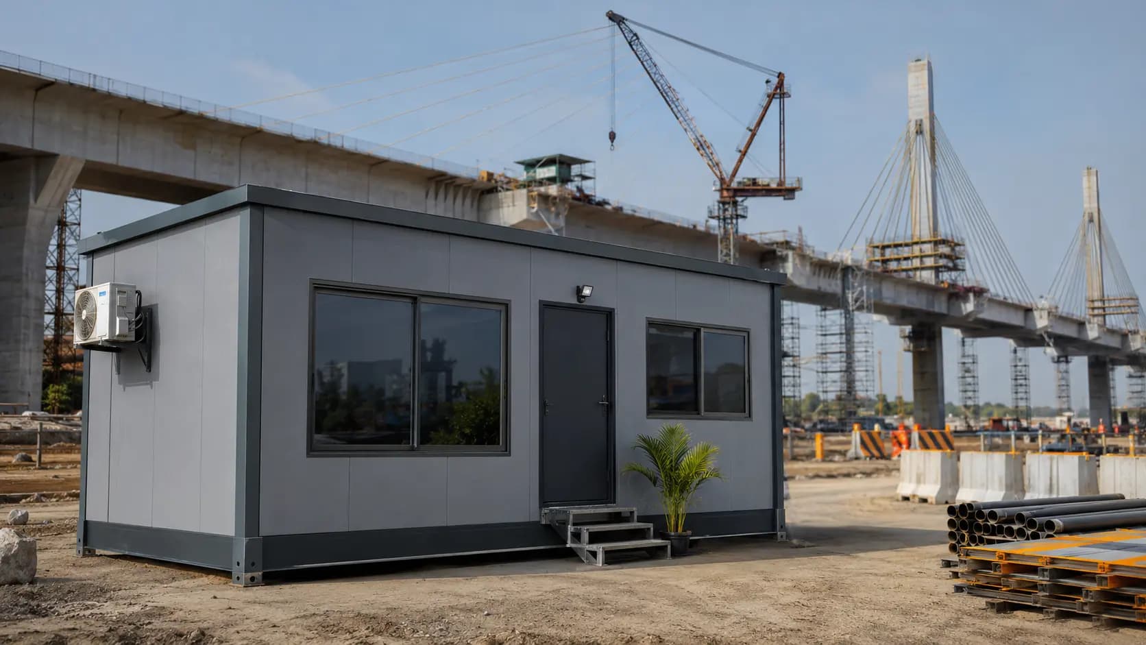 Portable site office cabin at a cable-stayed bridge construction site – available in Bangalore, Chennai, Hyderabad, Mumbai, Pune, Delhi NCR & pan-India