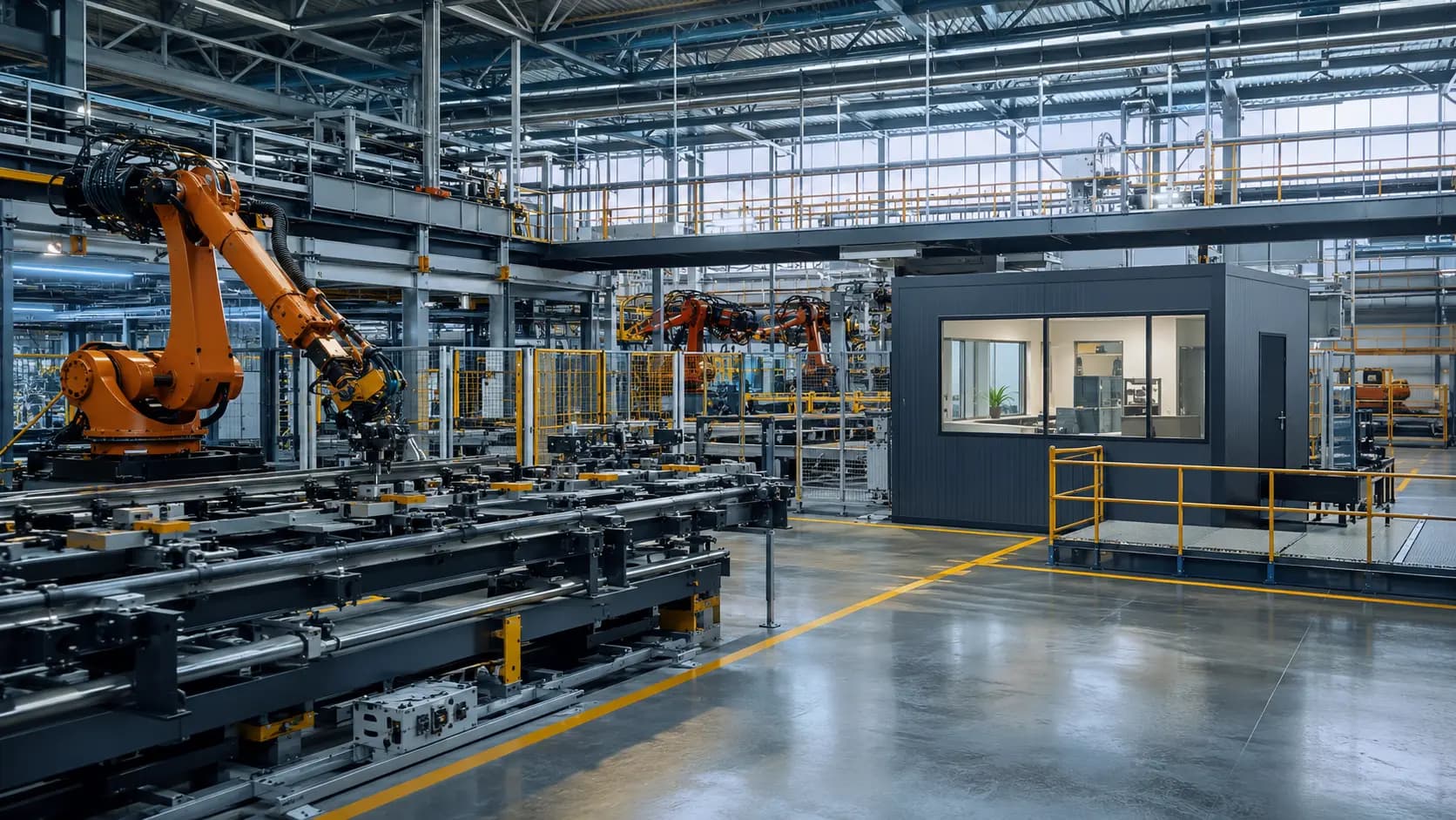 Shop-floor office cabin beside a robotic assembly line inside a manufacturing plant – available in Bangalore, Chennai, Hyderabad, Mumbai, Pune, Delhi NCR & pan-India
