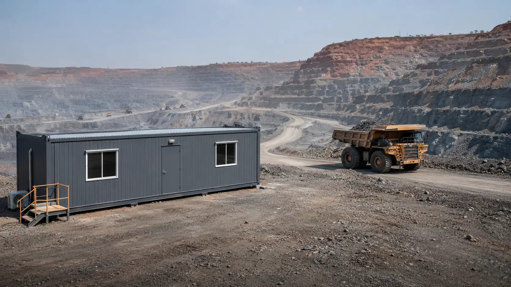 Containerised site office cabin overlooking an open-pit mine with a haul truck – available in Bangalore, Chennai, Hyderabad, Mumbai, Pune, Delhi NCR & pan-India