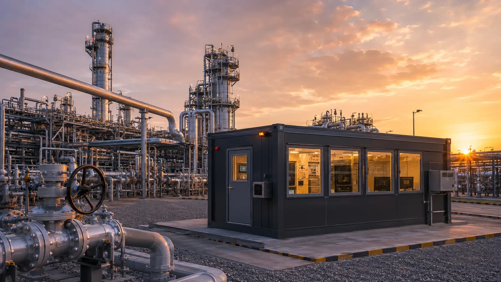 Portable control-room cabin at an oil and gas process plant – available in Bangalore, Chennai, Hyderabad, Mumbai, Pune, Delhi NCR & pan-India