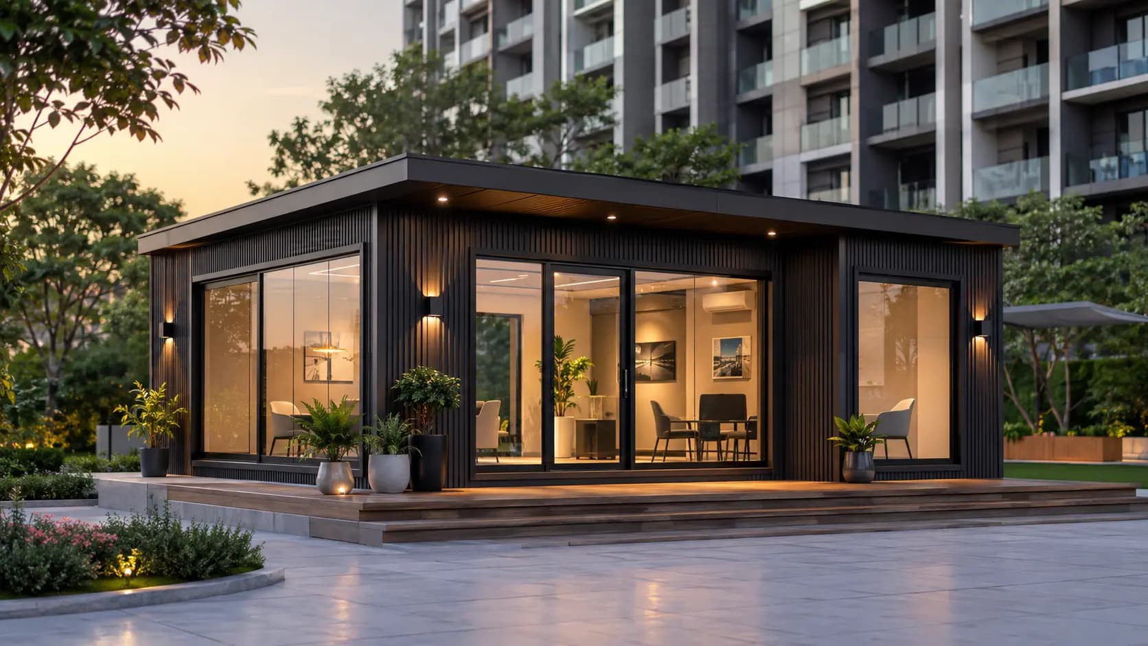 Timber-clad glass sales gallery cabin in front of high-rise apartments