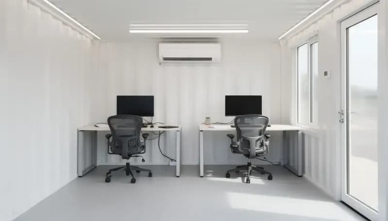 Interior of a prefabricated site office container with workstations and air conditioning – available in Bangalore, Chennai, Hyderabad, Mumbai, Pune, Delhi NCR & pan-India