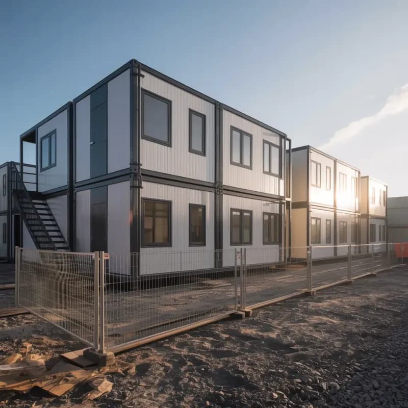 Double-storey prefabricated workmen accommodation block with external staircases in industrial area