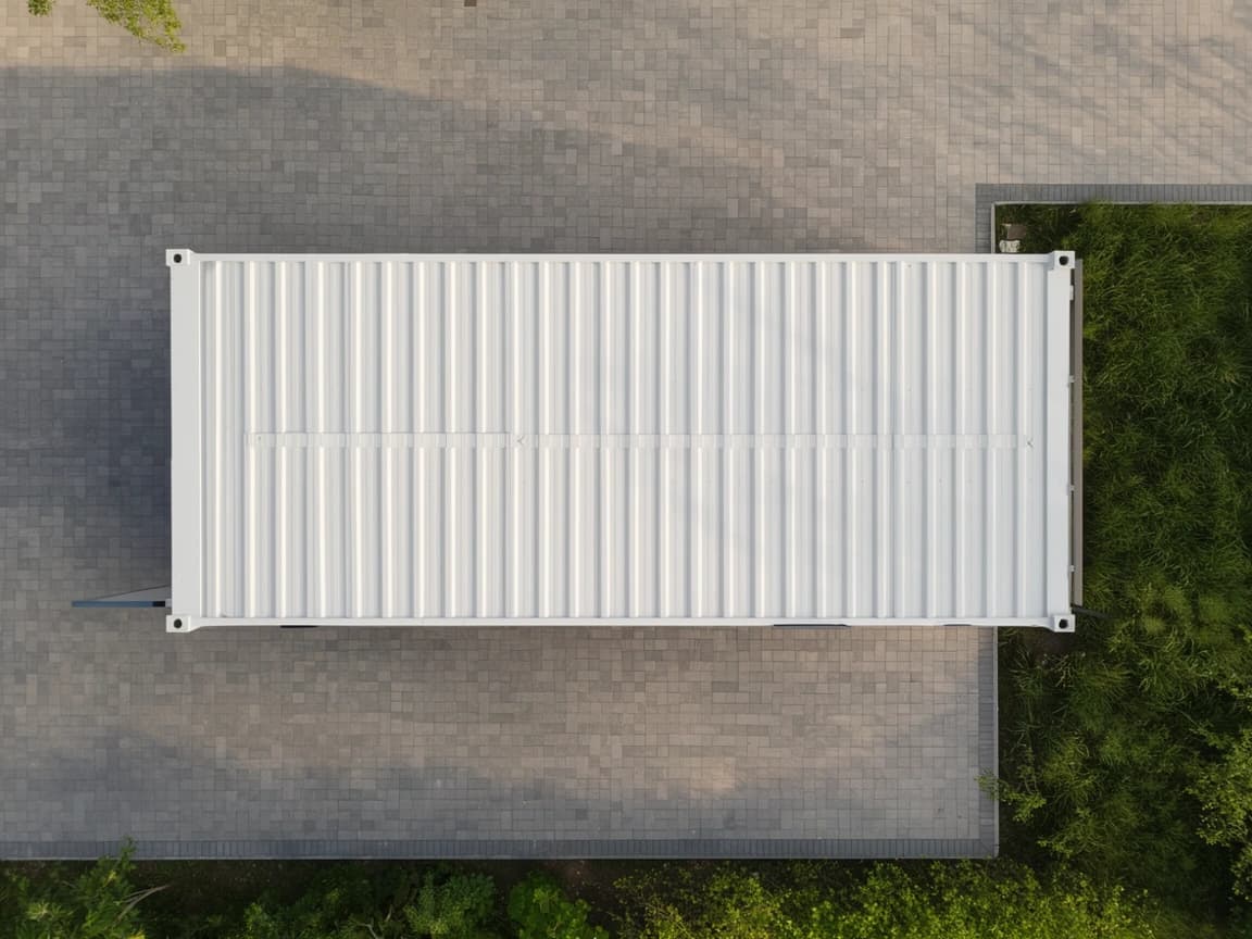 Container office for Athipattu — top-down view of the white profiled-sheet roof of the portable office, with its four corner fittings visible, placed on a paved yard beside a grass verge
