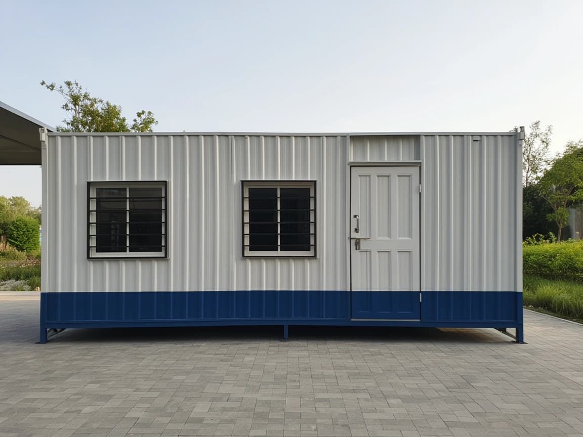 Container office for Athipattu — front elevation of a white corrugated-steel portable office with a blue lower band, a central steel entrance door and two sliding windows with grills, standing on a paved yard