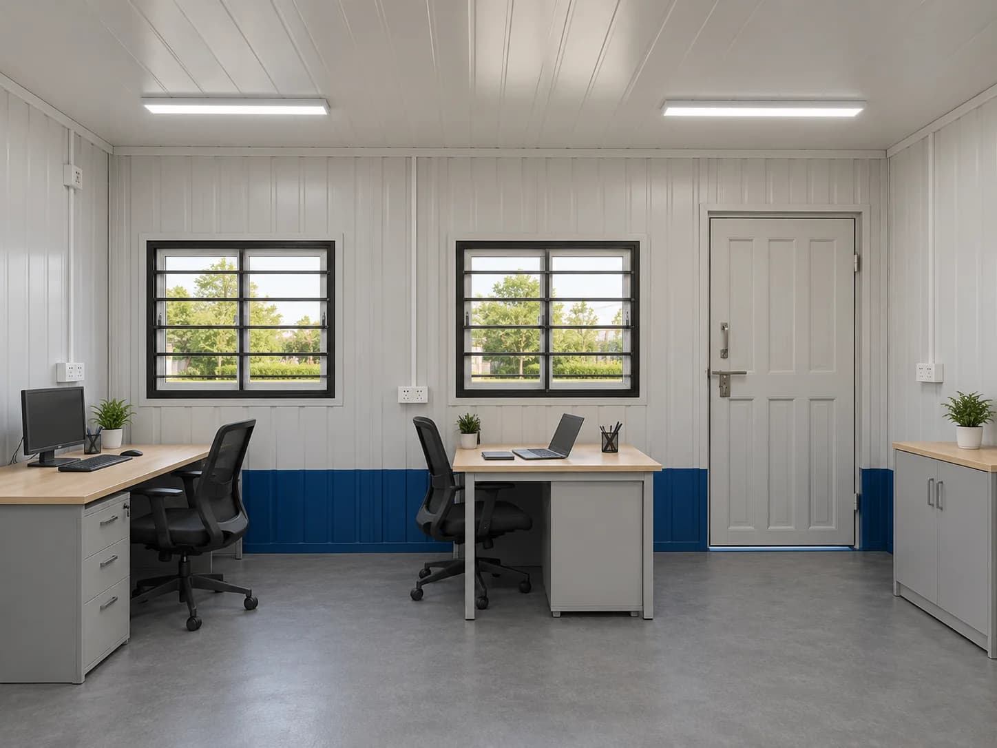 Inside a container office for Athipattu — two desks with office chairs, a desktop computer and a laptop, a storage cabinet, two sliding windows with grills, a steel door, LED panel lights, white panel walls with a blue lower band and a grey vinyl floor