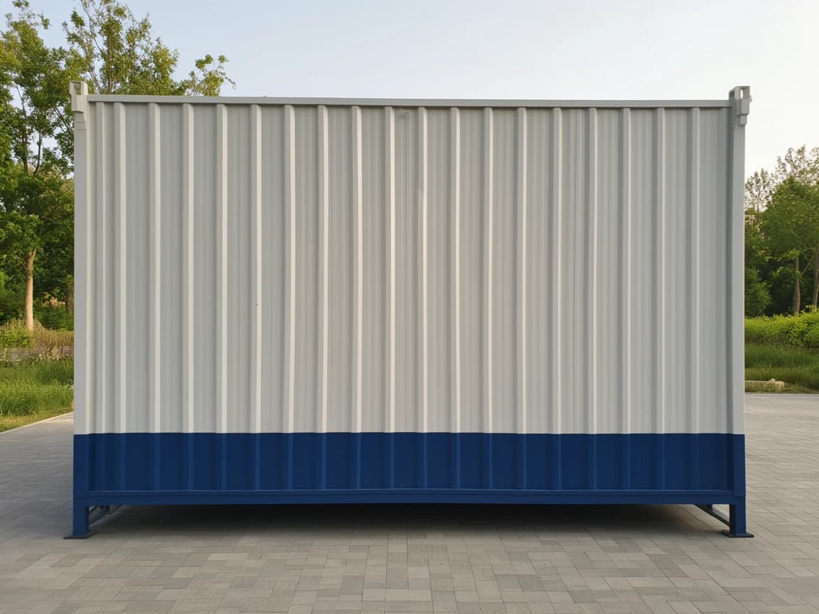 Container office for Athipattu — blank side elevation of the white corrugated-steel portable office with its blue lower band and corner fittings, a continuous wall panel with no openings