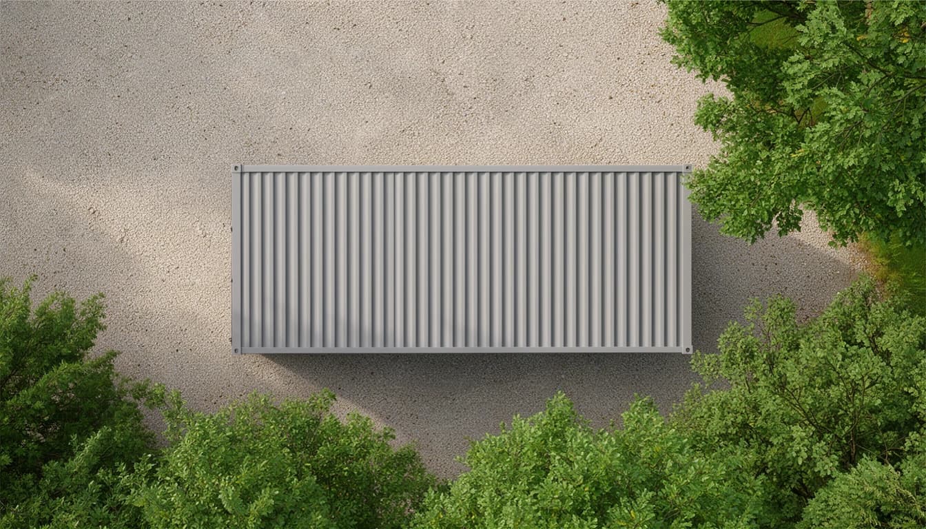 Container office in Bagalkot — top-down aerial view of the grey corrugated roof of the container office, with corner fittings at each end, on a gravel yard edged by trees