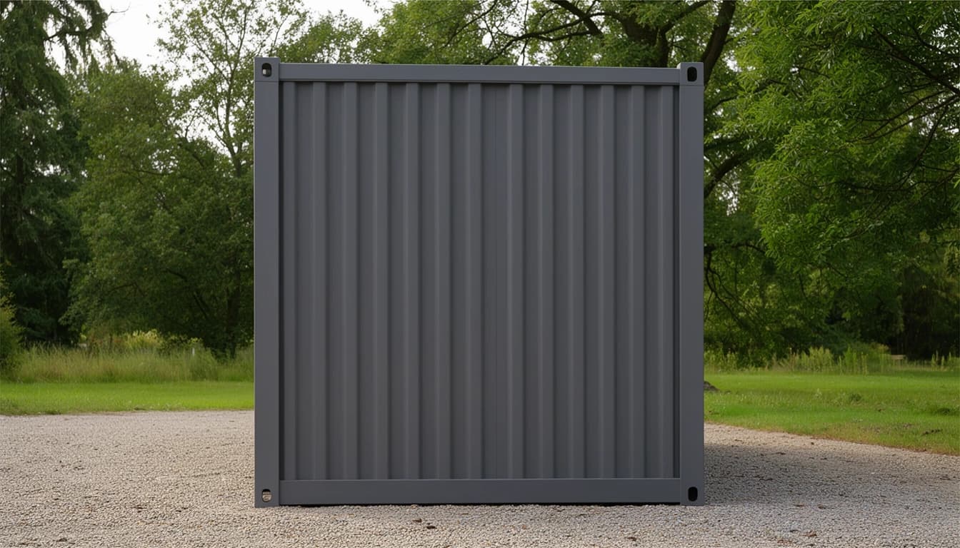 Container office in Bagalkot — plain end wall of the charcoal-grey corrugated container office, framed by corner posts with corner castings, on a gravel yard