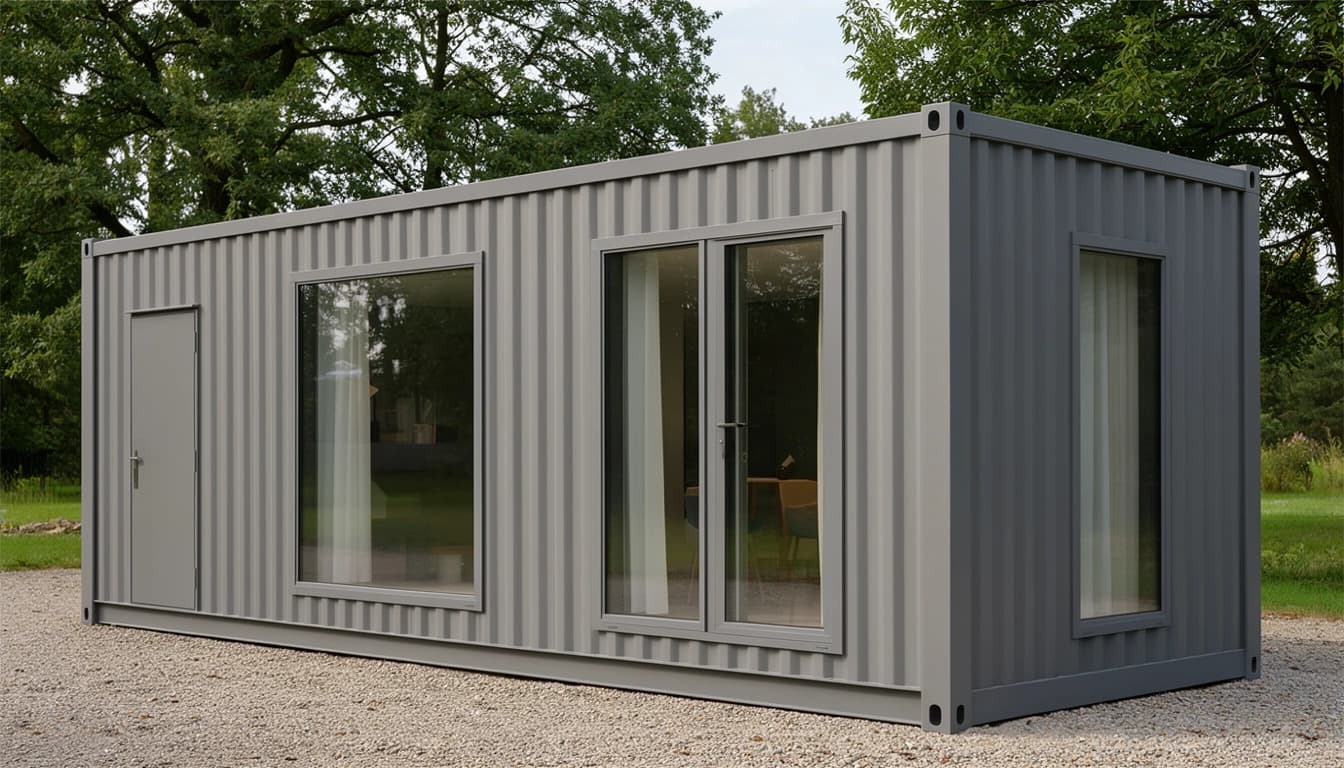 Container office in Bagalkot — grey corrugated-steel container office with a lockable side door, a large picture window and glazed double doors with curtains along its side and a tall window in the end wall, standing on a gravel yard among trees