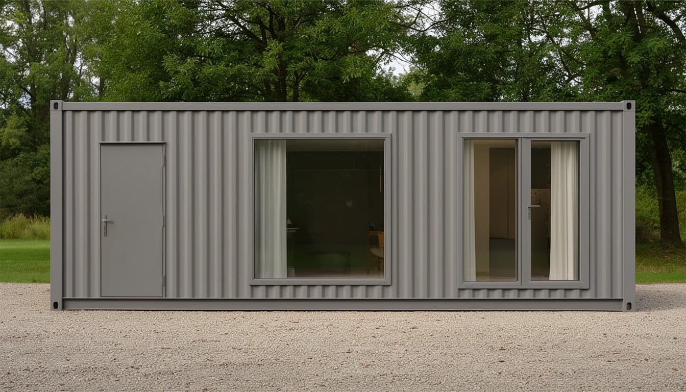 Container office in Bagalkot — straight-on side elevation of the grey container office: a lockable steel door, a large fixed window and glazed double doors with curtains, on a gravel base