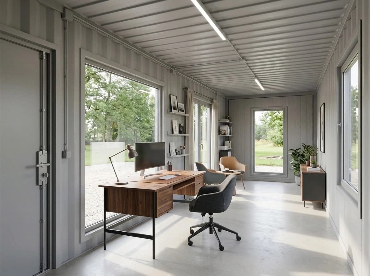 Container office in Bagalkot — illustrative render of an optionally furnished interior with grey-painted corrugated walls and ceiling, LED batten lights, floor-to-ceiling windows, a wooden desk with a monitor and task chair, two lounge chairs, wall shelves and a sideboard on a pale grey floor