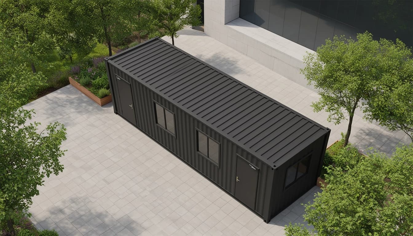 Container offices in Bidar — aerial view of the charcoal-grey container office showing its ribbed steel roof, two doors and side windows, placed on a paved courtyard among trees and planters