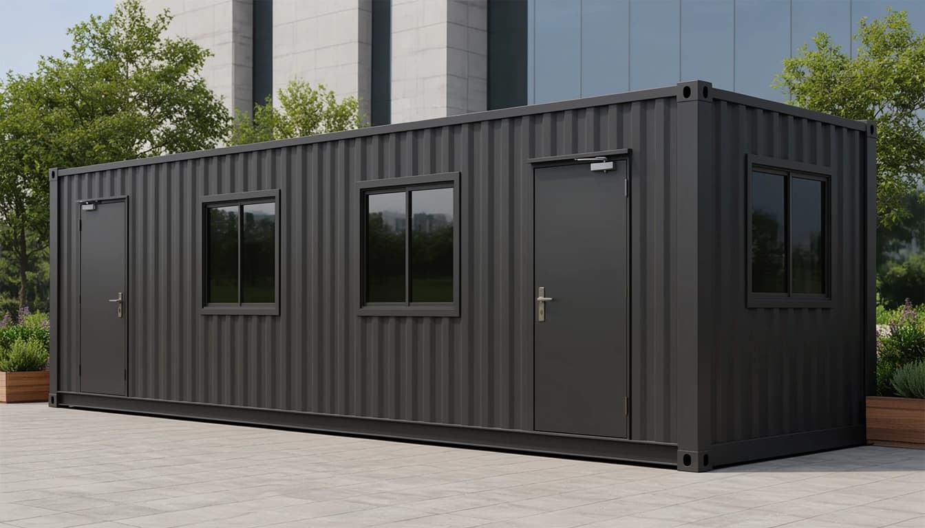 Container offices in Bidar — charcoal-grey corrugated-steel container office with corner castings, two lockable steel doors with door closers and black-framed two-pane windows along the side and in the end wall, standing on a paved forecourt beside planters and trees