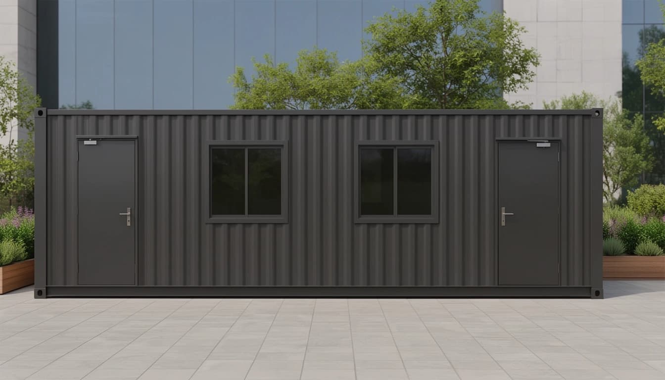 Container offices in Bidar — straight-on side elevation of the charcoal-grey container office: a lockable steel door at each end and two black-framed windows between them