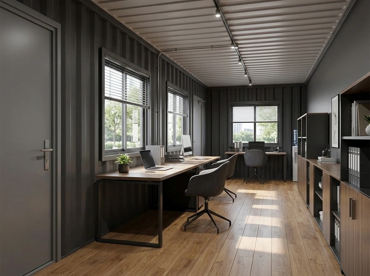 Container offices in Bidar — optionally furnished container office interior: dark-grey corrugated walls, a ribbed ceiling with LED track spotlights, windows with blinds, a long wood-top desk with a laptop and monitor, grey task chairs, a second desk at the far end, wood-and-black storage shelving with files and wood-look flooring