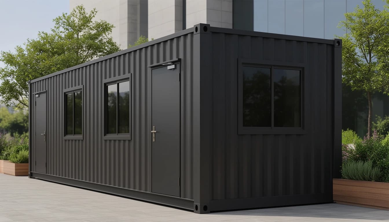 Container offices in Bidar — three-quarter view of the charcoal-grey container office from the other corner, showing a large window in the end wall, a central door and the side windows