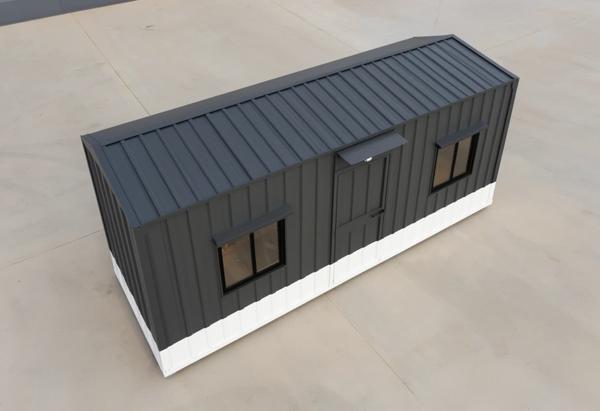 Container office in Hoskote — elevated view of the charcoal-grey site office showing its pitched profiled-sheet roof, door canopy and two hooded sliding windows, placed on a concrete yard