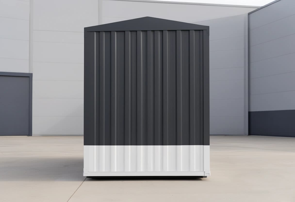 Container office in Hoskote — gable end of the portable office showing the pitched roof profile, corrugated steel cladding and white lower band