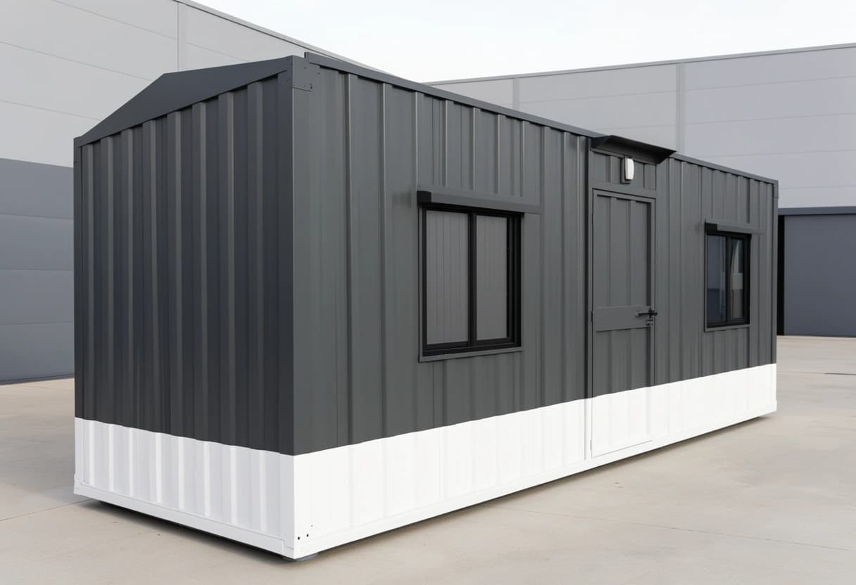 Container office in Hoskote — charcoal-grey corrugated steel portable site office with a white lower band, pitched roof, central lockable door and hooded sliding windows, standing in a concrete yard outside an industrial shed