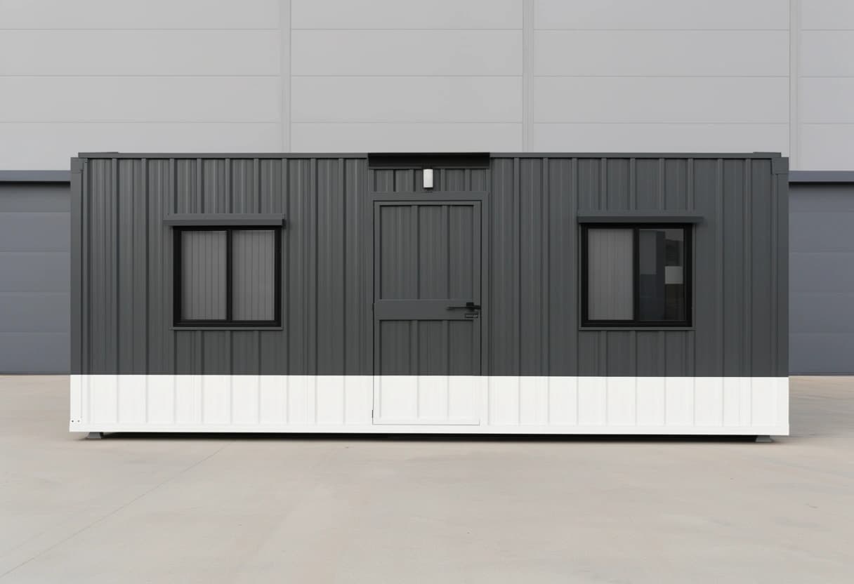 Container office in Hoskote — front elevation of the charcoal-grey portable office: central door with a light above it, a hooded sliding window on each side and a white skirt band along the base