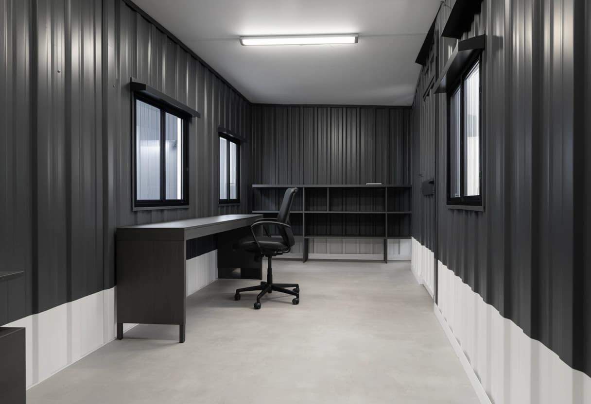 Container office in Hoskote — inside the site office: dark corrugated steel wall lining with a white lower band, a desk and office chair, an open shelving unit, two sliding windows and an LED tube light over a smooth grey floor