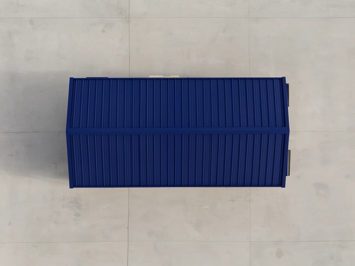 Container office for Kalpakkam — top-down view of the navy-blue profiled-sheet roof of the portable office with its shallow central ridge line and the fittings along its edges, placed on a light concrete yard
