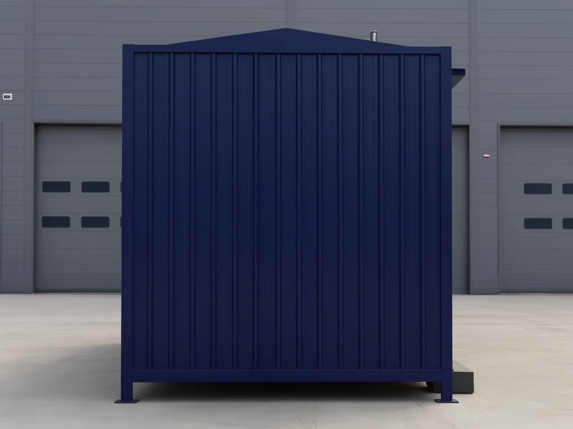 Container office for Kalpakkam — blank end elevation of the navy-blue corrugated-steel portable office with its corner posts, foot plates and shallow-pitched roof line, in front of a grey industrial shed