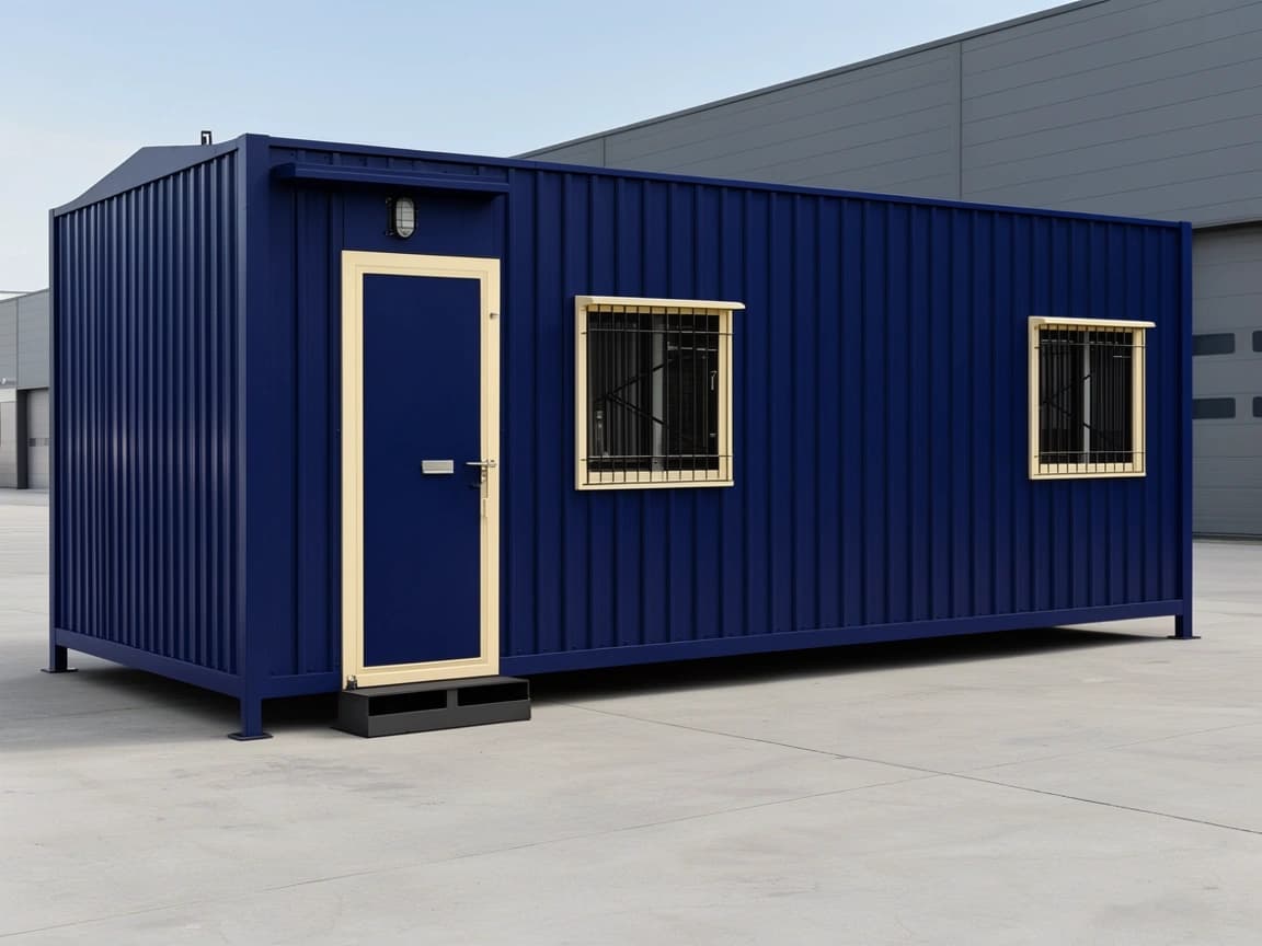 Container office for Kalpakkam — front elevation of a navy-blue corrugated-steel portable office with a cream-trimmed steel entrance door under a small canopy and bulkhead light, two sliding windows with security grills, a steel step and corner posts on foot plates, standing on a concrete yard in front of a grey industrial shed