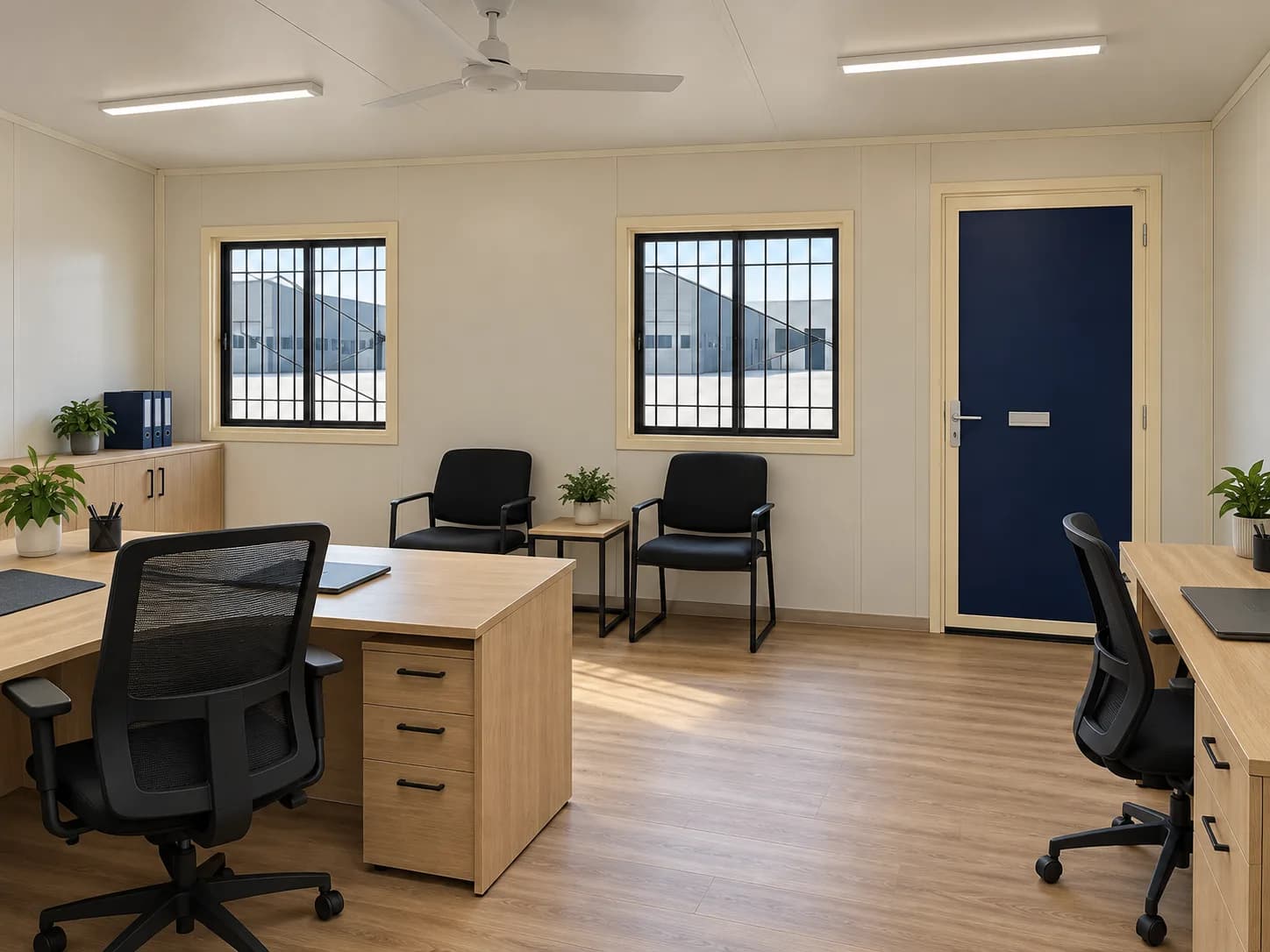Inside a container office for Kalpakkam, shown with an optional furnished layout — cream panel walls, two sliding windows with security grills and cream trims, a navy-blue steel door, two timber-finish desks with mesh office chairs, two visitor chairs with a side table, low cabinets with files, planters, a ceiling fan, LED panel lights and a timber-effect floor