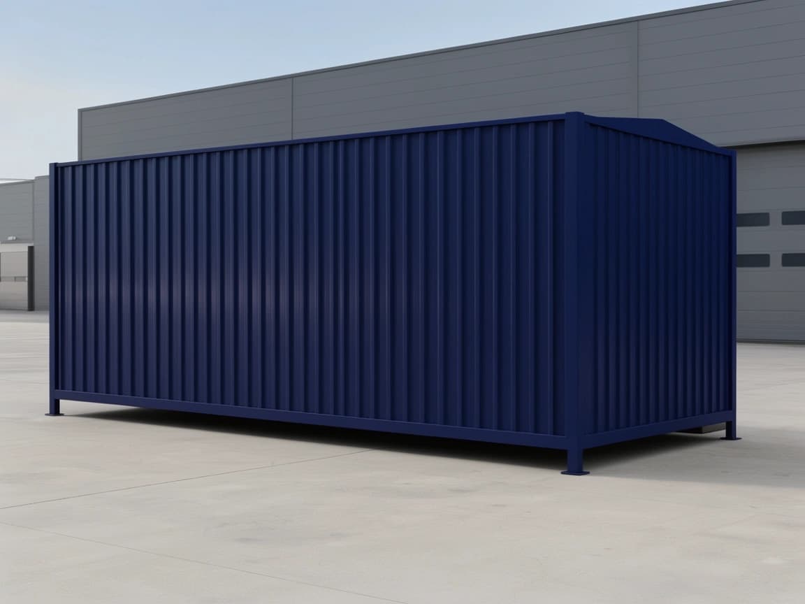 Container office for Kalpakkam — three-quarter view of the navy-blue corrugated-steel portable office showing its blank long side and end wall, corner posts on foot plates and the shallow-pitched roof, on a concrete yard beside a grey industrial shed
