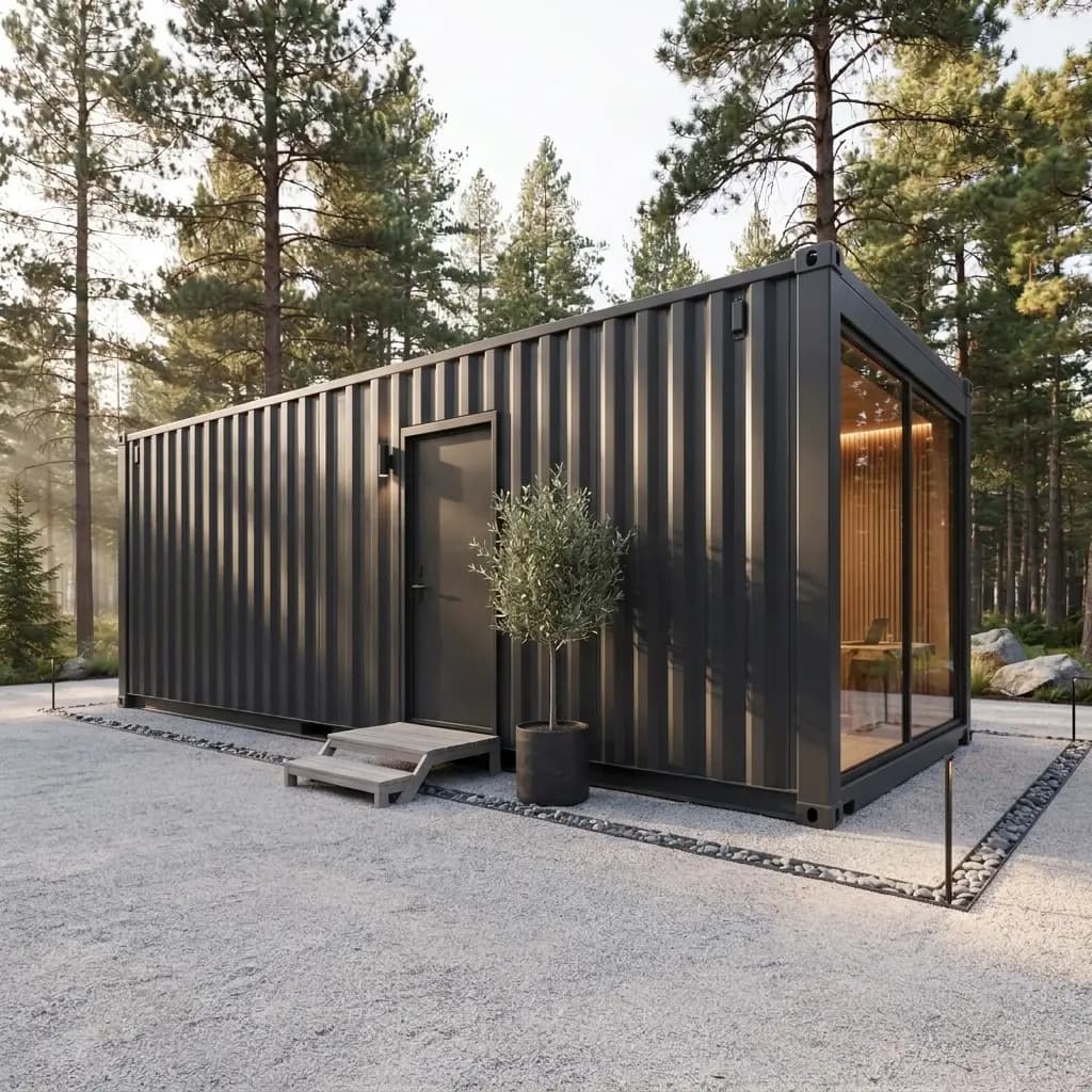 Entrance elevation of a container office cabin — solid steel door with steps, corrugated side wall and a glazed end bay