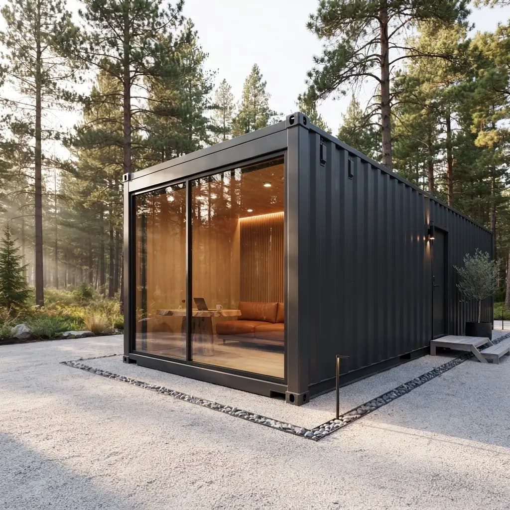Container office in SIPCOT Hosur — black corrugated shipping-container office with a full-height sliding glass wall and warm timber-lined interior, by Portable Office Cabin