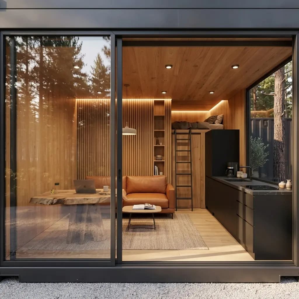 Inside a fitted container office — timber slat wall panelling, recessed LED lighting, seating area and a compact kitchenette along the rear wall