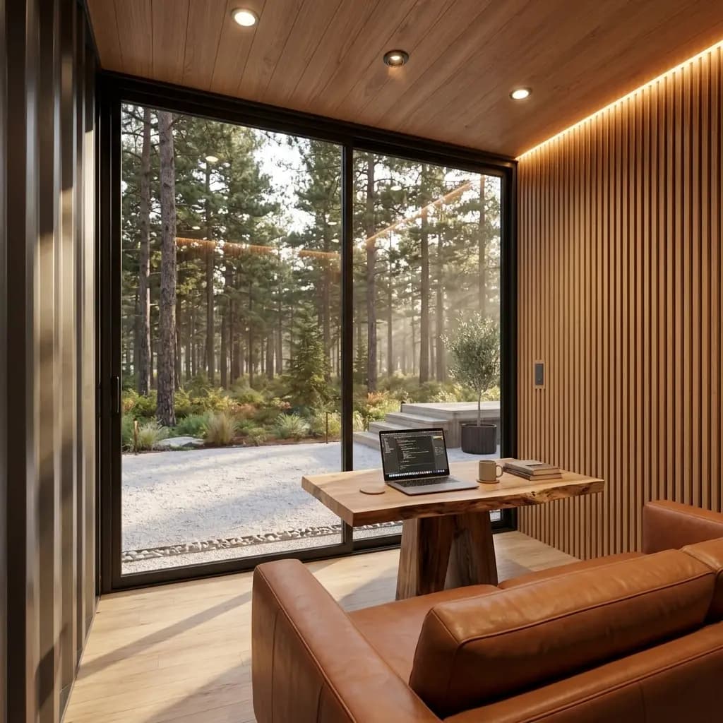 Container office workspace — desk with a laptop beside the full-height glazing, timber ceiling and slat wall finish