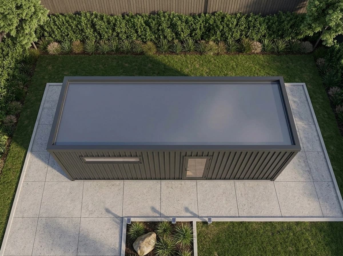 Container office in Yadgir — aerial view of the charcoal-grey container office showing its flat roof inside a raised edge, with the ribbon window and glazed door along one side, on a paved pad surrounded by lawn and planting