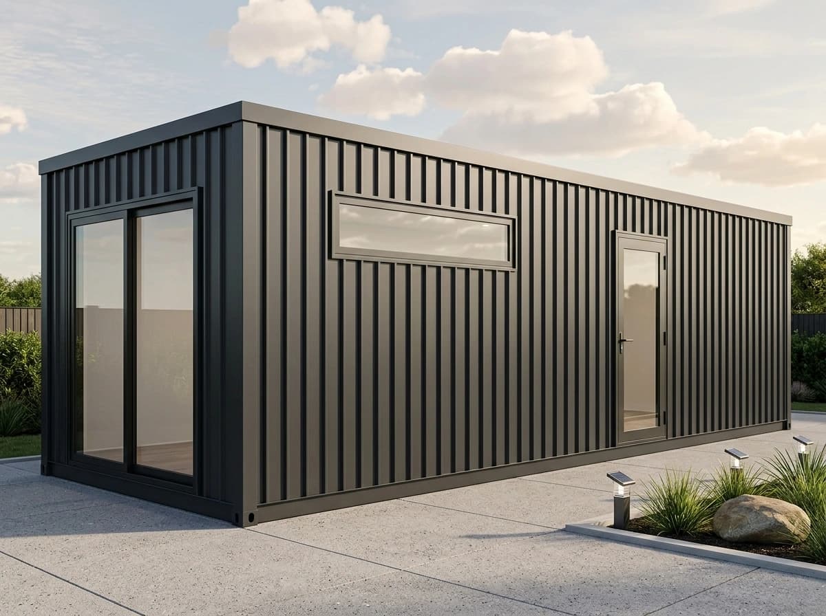Container office in Yadgir — illustrative render of a charcoal-grey corrugated-steel container office with a glazed double door on the end wall, a long ribbon window and a glazed side door, on a paved forecourt with solar path lights