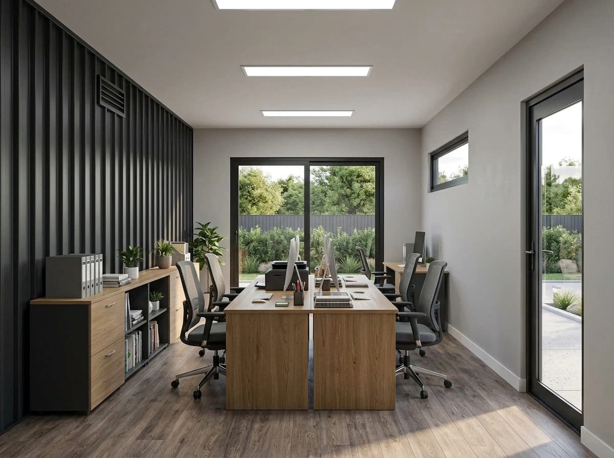 Container office in Yadgir — illustrative render of an optionally furnished interior with one dark corrugated feature wall, light grey finished walls, LED ceiling panels, a four-desk workstation cluster with monitors and office chairs, a storage unit, wood-look flooring and glazed doors