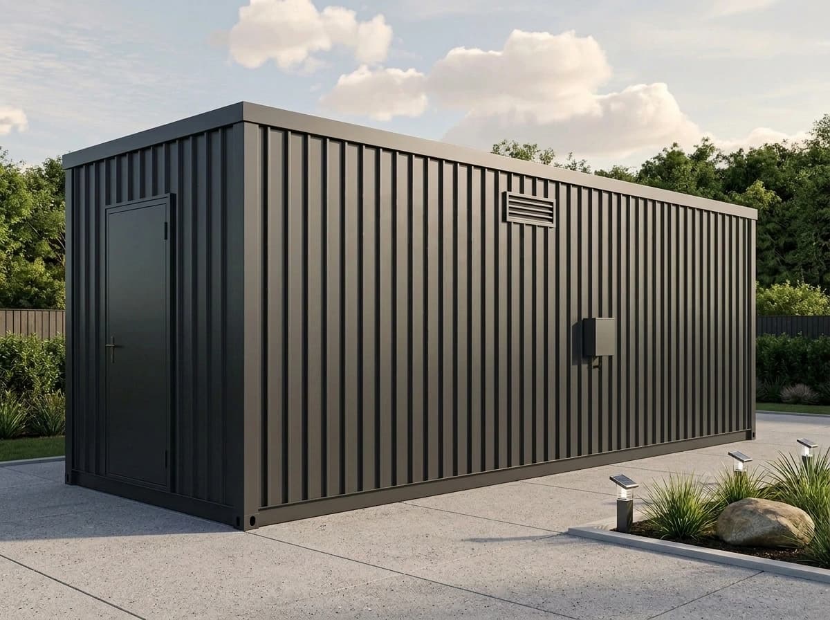 Container office in Yadgir — rear of the charcoal-grey container office: a solid steel door in the end wall, and a louvred vent and a small wall-mounted box on the long side