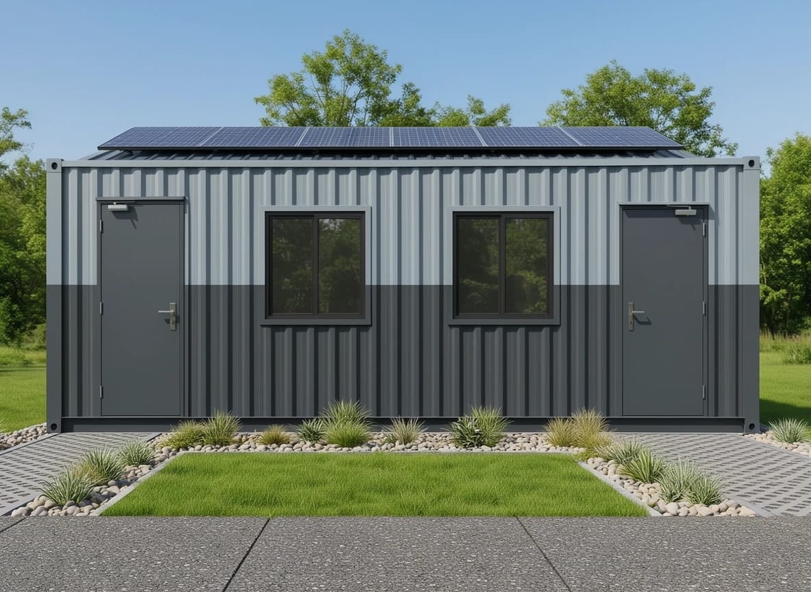 Portable cabin in Jigani — illustrative render of a container-style portable cabin with two-tone grey corrugated walls, two steel doors, two framed windows and solar panels on the roof, behind a landscaped paved yard