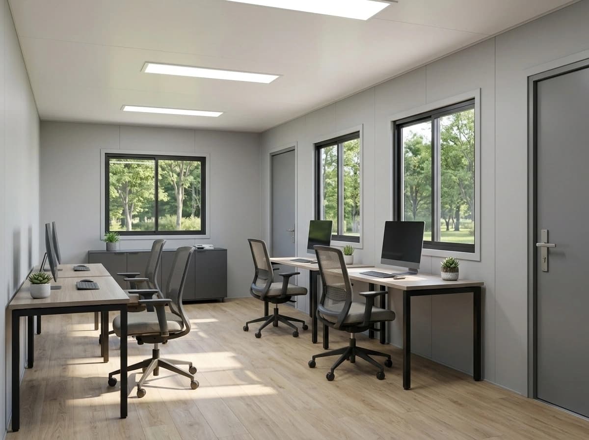 Portable cabin in Jigani — illustrative render of an optionally furnished office interior with desks, monitors and mesh chairs, a low storage unit, light grey wall panels, flush LED ceiling lights, framed windows, internal doors and wood-look flooring