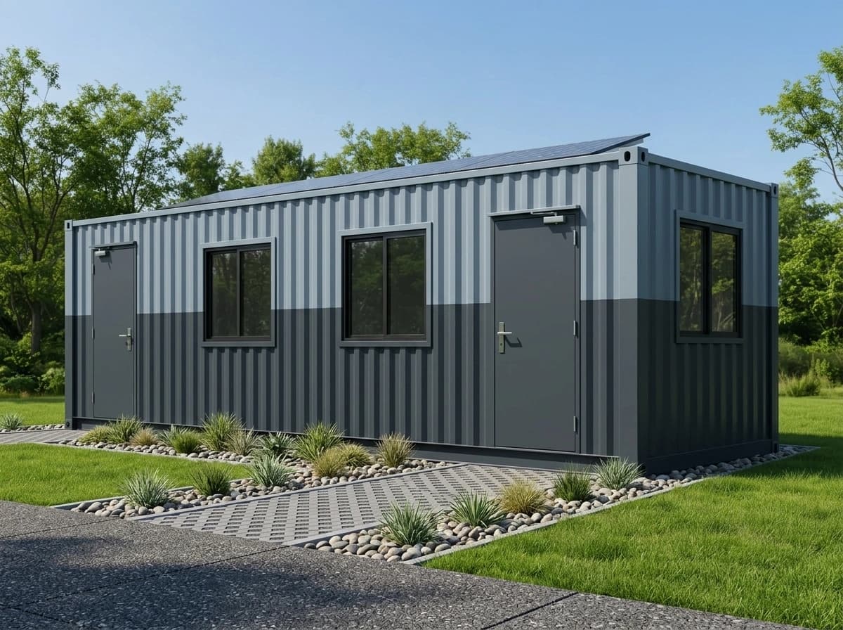Portable cabin in Jigani — illustrative three-quarter view of the container-style cabin showing two steel doors, three framed windows, the end wall and roof-mounted solar panels, on a landscaped paved yard