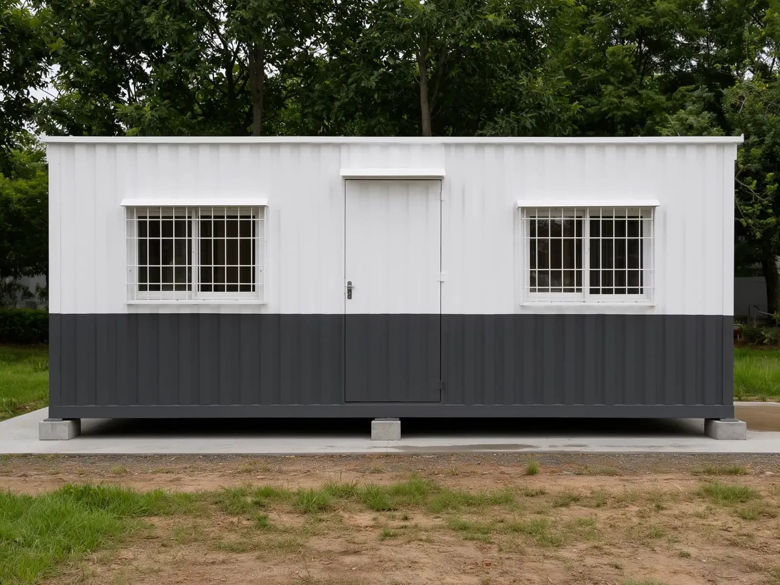 Portable cabin for Tindivanam and SIPCOT Industrial Park sites — illustrative front view of a white ribbed-steel cabin with a charcoal lower band, a steel door between two grilled sliding windows, standing on concrete blocks on a paved strip