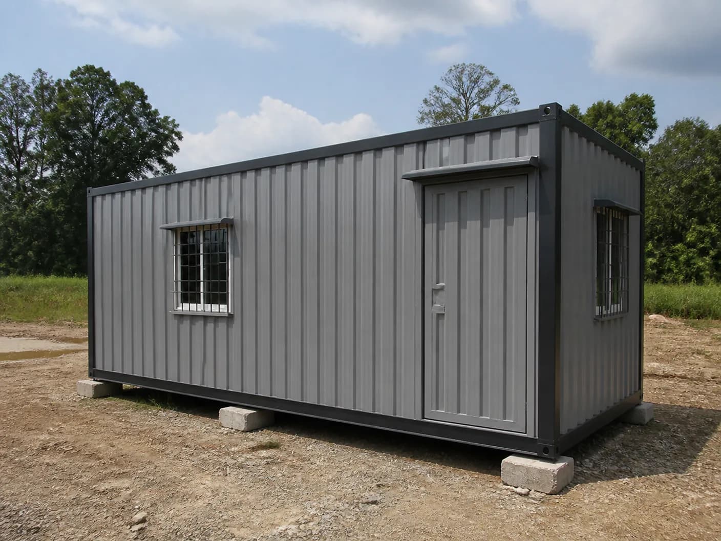 Portable cabin in Tiruvallur — illustrative render of a grey corrugated container-style portable cabin with a black frame, a steel entrance door under a hood and grilled windows, raised on concrete blocks on a cleared industrial plot