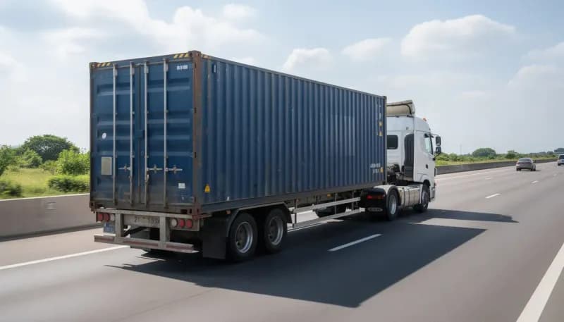 Shipping container in Jigani — blue 40 ft dry shipping container carried on a long trailer behind a truck on a highway, seen from the door end
