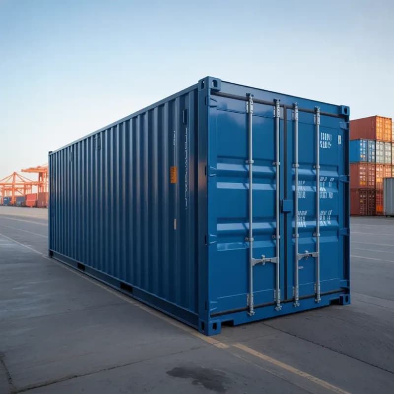 Shipping container in Jigani — longer blue dry shipping container from the door end: corrugated steel side wall, corner castings and cargo doors with locking bars and cam handles, on a paved yard
