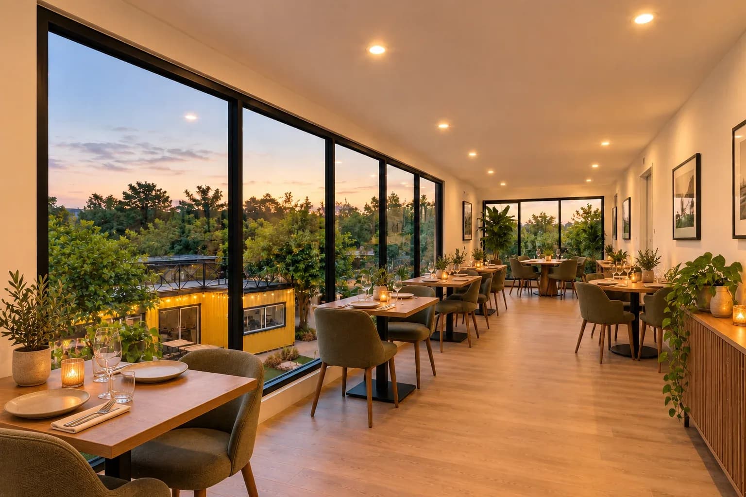 Illustrative render of the upper-floor dining room in a container restaurant concept, with full-height glazing