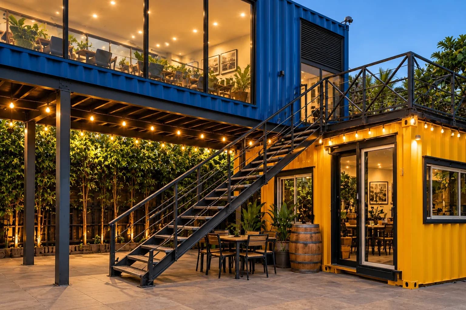 Illustrative render of a steel staircase to an upper deck beside a yellow ground-floor container cafe